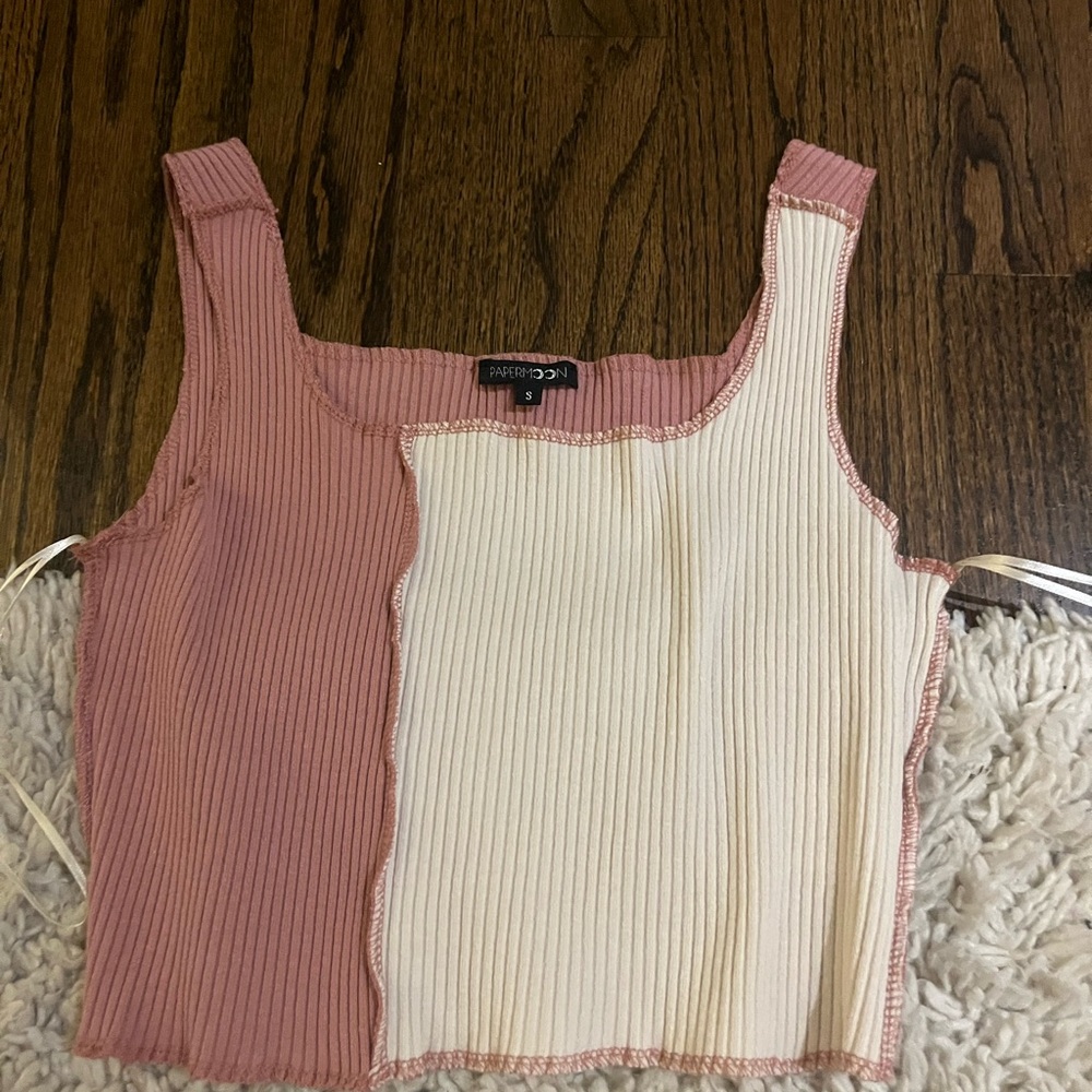 Papermoon Pink and Cream Ribbed Asymmetrical Crop Tank Top